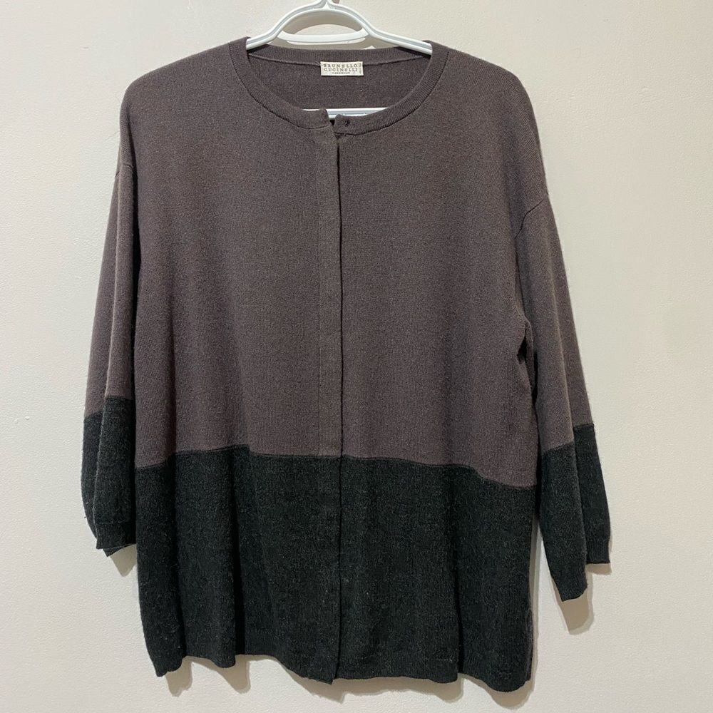 Brunello Cucinelli Two-Tone Brown and Black Cashmere Blend Cardigan